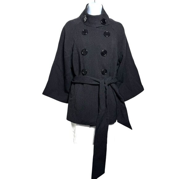 Wool Alpaca Tie Waist Pea Coat Black womens size Large - Picture 1 of 4